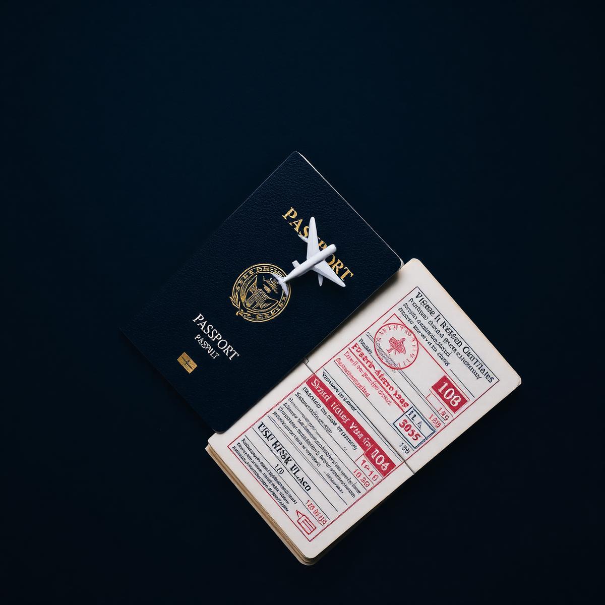 Passaporte com vistos e miniatura de avião — símbolo da jornada Erga Education